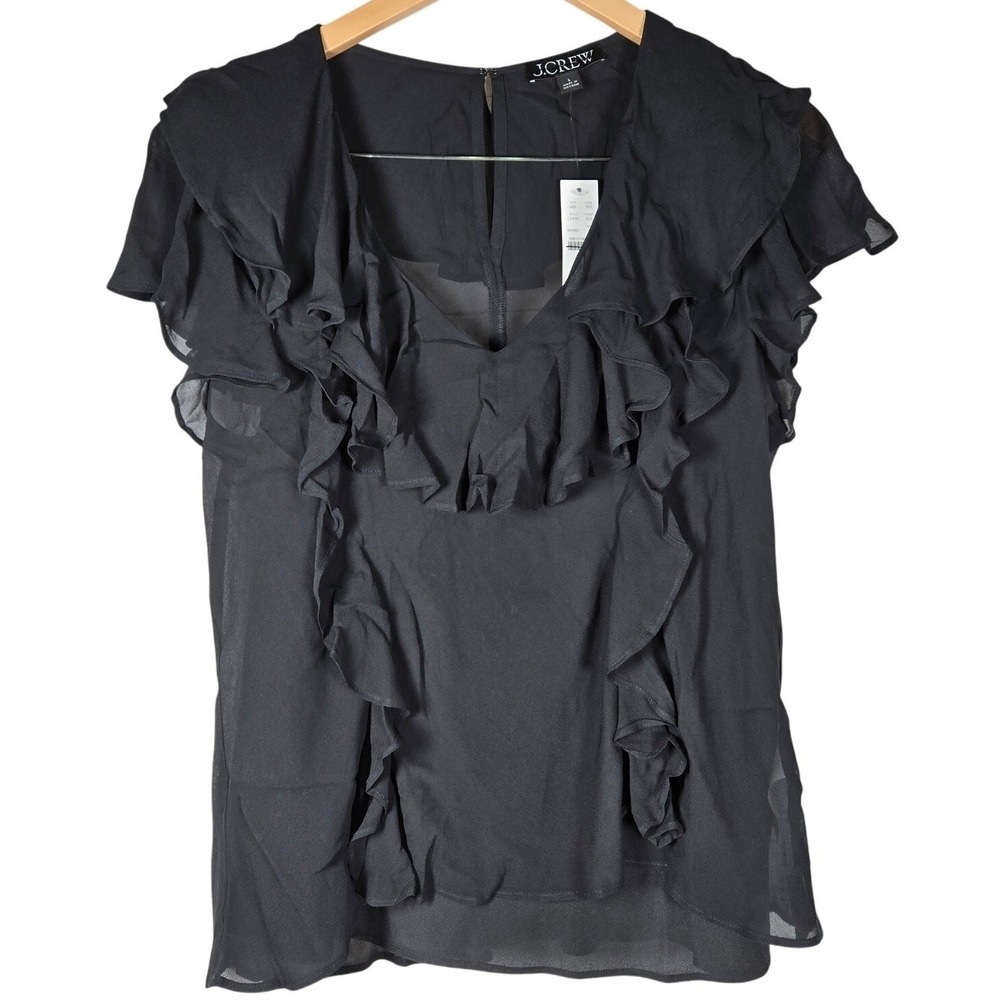 J. Crew Ruffle‎ chiffon top Black L NWT